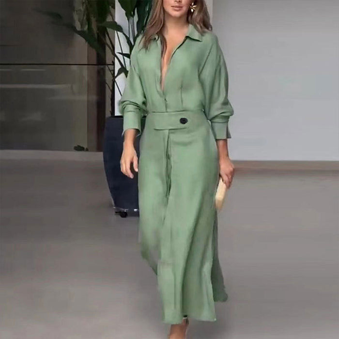 Color-Green-Autumn Office Lace Up Solid Color Waist Tight Long Sleeve Irregular Asymmetric Shirt Dress-Fancey Boutique