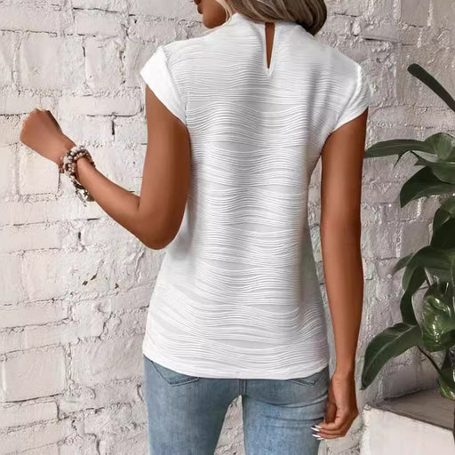 Pullover Beautiful Clothes Summer Half Turtleneck Water Ripple Back Buttoned Short Sleeve T Shirt-Fancey Boutique