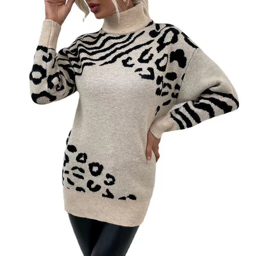 Color-Apricot-Women Clothing Autumn Winter Turtleneck Leopard Sweater Women Dress Sweater-Fancey Boutique