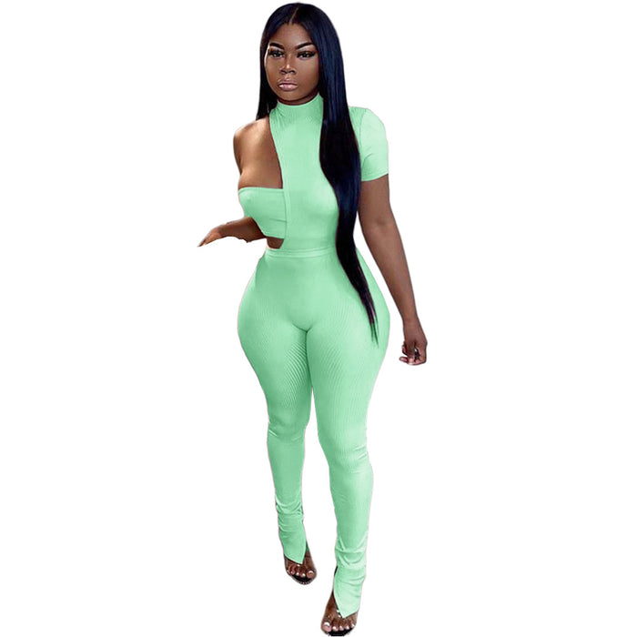 Color-Mint-Women Clothing Asymmetric Sunken Stripe Chest Wrap Cotton-Padded Clothes Slit Pants Three-Piece Suit-Fancey Boutique