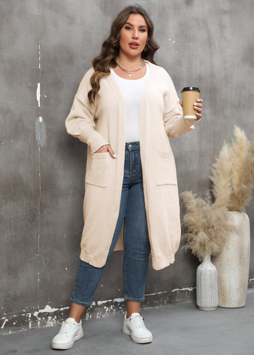 Color-Apricot-Women Coat plus Size Women Clothes Loose Mid Length Woven Sweater Double Pocket Lantern Sleeve Sweater Cardigan-Fancey Boutique