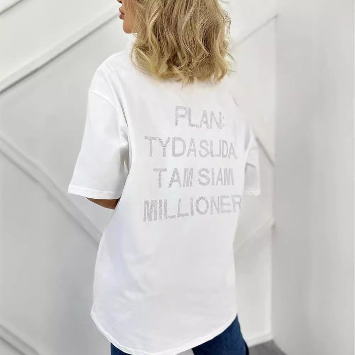 Spring Summer Rhinestone Letter Graphic T shirt Women Trendy Stylish Loose round Neck Casual Short Sleeve-White-Fancey Boutique