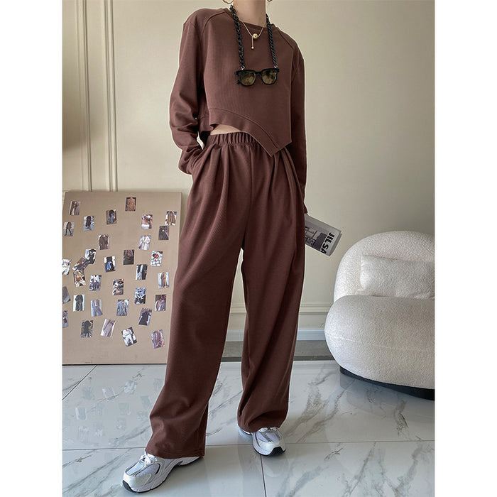 Color-Brown-Casual Breathable Short Sweater Wide Leg Pants Suit High End Women Clothing Two Piece Suit Small-Fancey Boutique