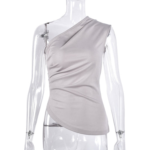 Color-Light Gray-Women Clothing Autumn Oblique Collar Sleeveless Pleated Sexy Sexy Top for Women-Fancey Boutique