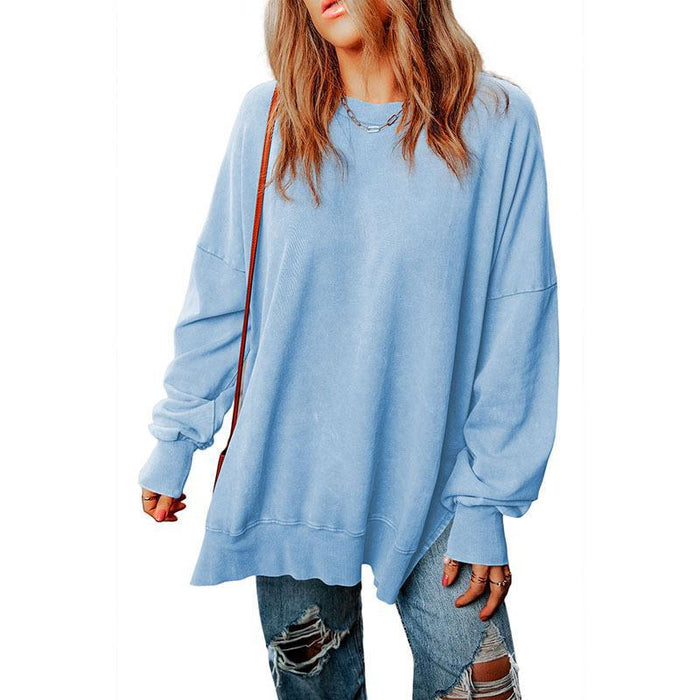 Color-Light Blue-Simple Solid Color Loose Pullover Top Women Autumn Multicolor Minimalism All Matching Hoodie-Fancey Boutique
