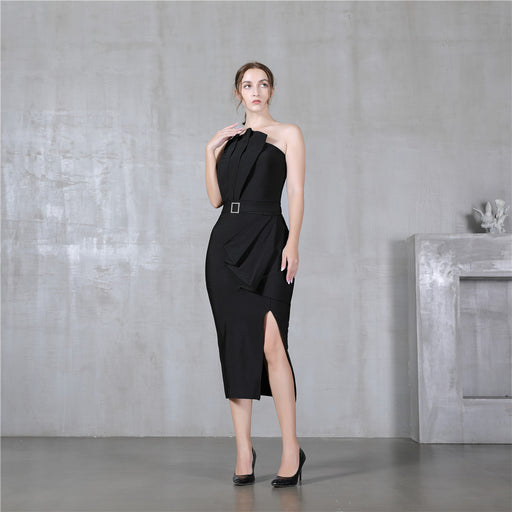 Sexy Split Tube Top Bandage Dress Elastic Tight Dress Elegant Evening Party Dress-Black-Fancey Boutique