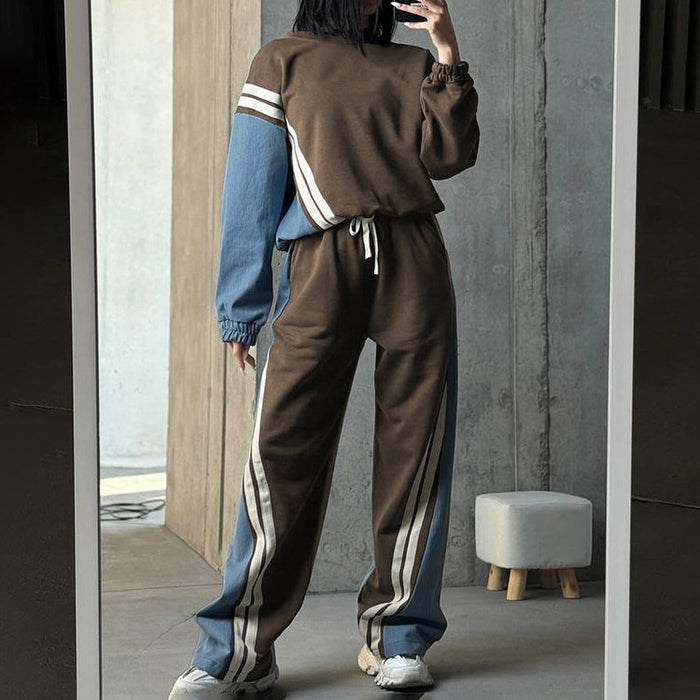 Autumn Winter Sports Contrast Color Striped Sweater Sets Pullover Top Drawstring Trousers Two Piece Set-Fancey Boutique