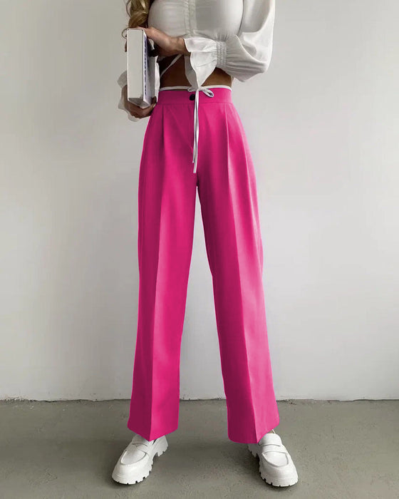 Color-Pink-Summer Women Clothing Solid Color Work Pant Elastic Waist Casual Trousers-Fancey Boutique