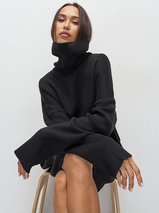 Autumn Winter Turtleneck Sweater Women Mid Length Thickened Russia Long Sleeved Knitwear-Black-Fancey Boutique