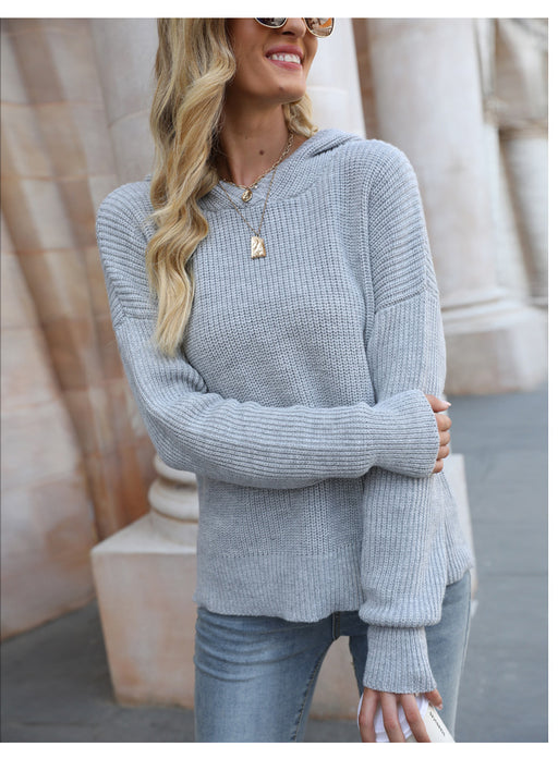 Color-Gray Pullover-Autumn Winter Solid Color All Matching Hooded Knitwear Loose Sweater Loose Collar Pullover Women-Fancey Boutique