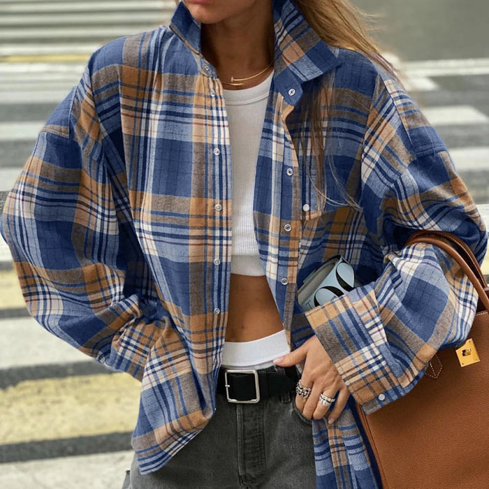 Women Wear Autumn Plaid Long Sleeved Shirt Women Casual All Matching Loose Plaid Shirt-Fancey Boutique