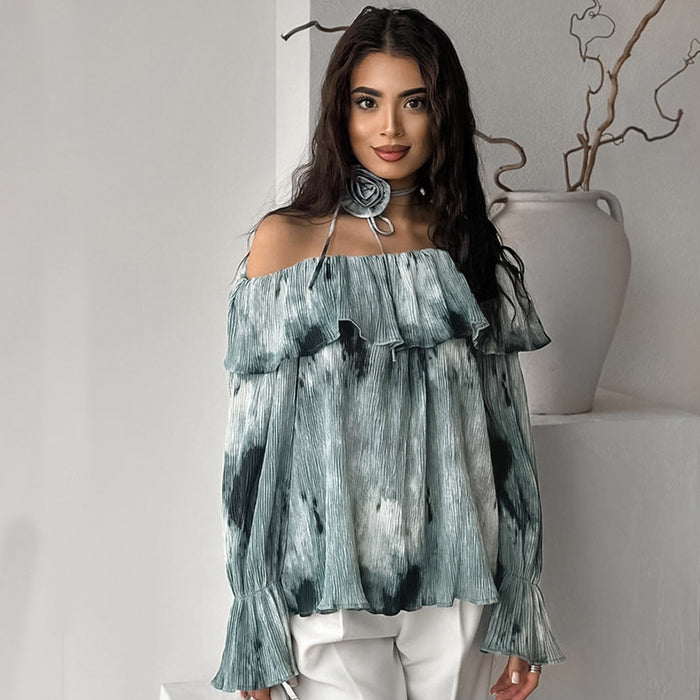 French Design Tie Dyed off Neck Bell Sleeve Shirt Autumn Arrival Top for Women