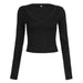 U Neck Low Cut Tight Breathable Sports Yoga T shirt Sexy Solid Color Basic All Matching Fall Winter Base Top-Black-Fancey Boutique