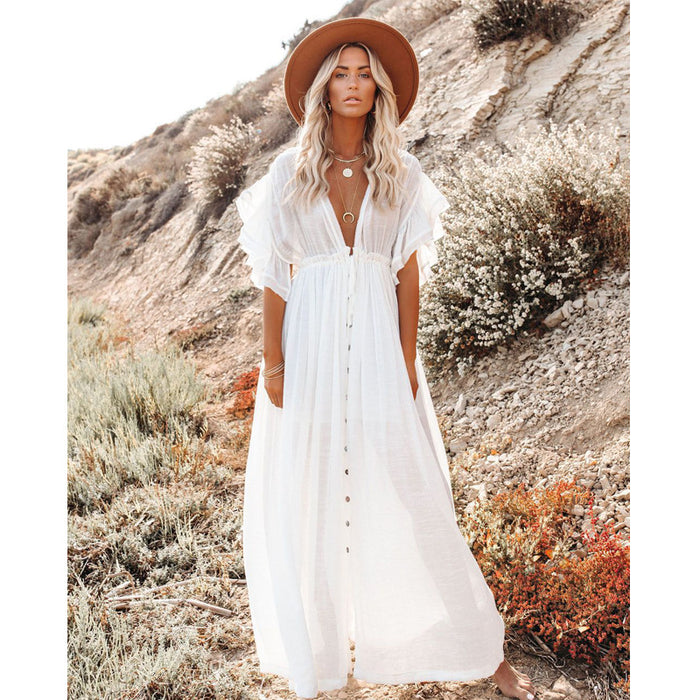 Beach Cover up Slubbed Fabric Button Draw Waist Strap Maxi Dress Sun Protection Shirt-Fancey Boutique