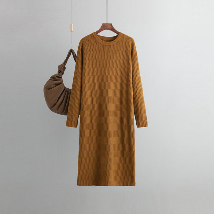 Color-Light Brown-Women Long Sleeved Knitted Dress Autumn Winter Round Neck Loose Mid Length Sweater Match with Coat Bottoming-Fancey Boutique