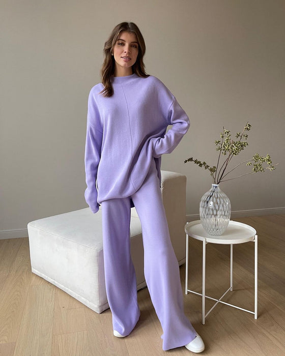 Color-Light Purple Suit-Autumn Winter Long Sleeve Loose Casual Sweater Knitted Top Trousers Set-Fancey Boutique