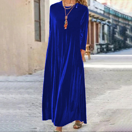 Color-Blue-Spring Gold Velvet Slimming Crew Neck Maxi Dress-Fancey Boutique