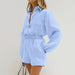 Sexy Summer Slightly Transparent Fresh Blue Cotton Linen Loose Long Sleeve Shirt Shorts Two Piece Set Casual Set-Fancey Boutique