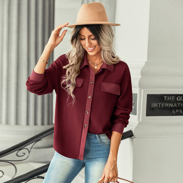 Color-Dark Red-Women Clothing Autumn Waffle Top Women Faux Pocket Knit Shirt Shacket-Fancey Boutique
