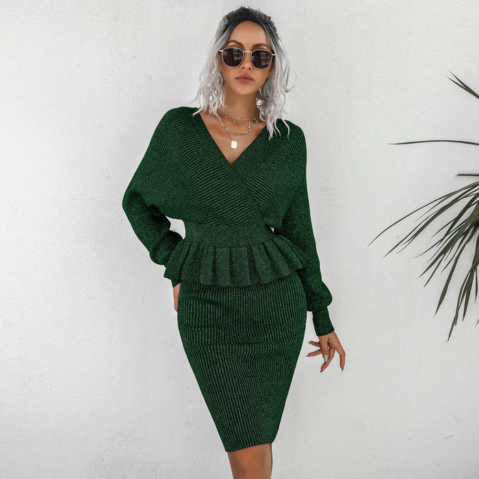 Color-Green-Women Clothing Autumn Winter Casual Ruffled Knitted Sweater Dress Two Piece Set-Fancey Boutique