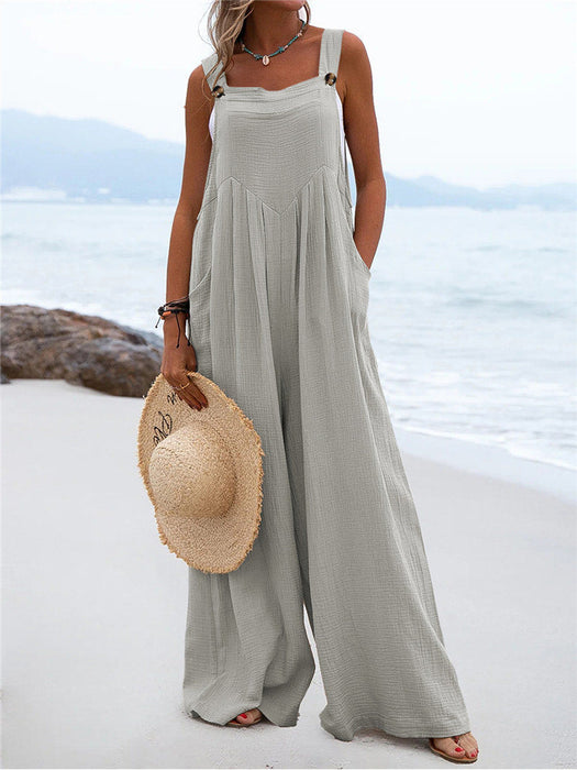 Color-Gray-Summer New Women National Fashion Solid Color Buttons Sling Wide Leg Trousers Jumpsuit-Fancey Boutique