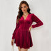 Color-Burgundy-Women Clothing Autumn Winter Tight Waist Large Sexy V neck Long Sleeve Velvet Party Dress-Fancey Boutique