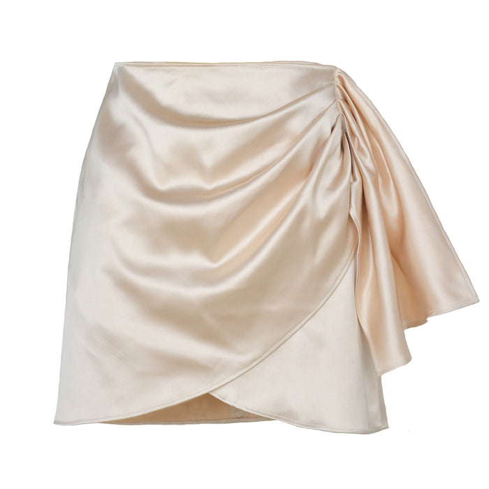 Color-Ivory-Summer Irregular Asymmetric Zipper Skirt Pleated Positioning Solid Color Satin High Waist Skirt Women Clothing-Fancey Boutique