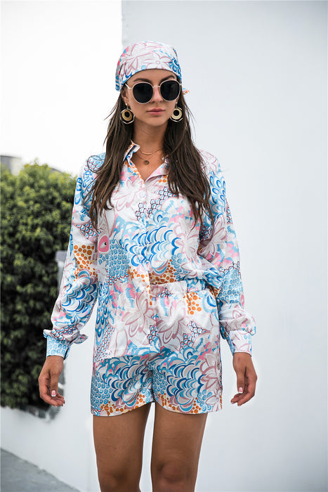 Color-Blue-spring Autumn Retro Shirt Shorts Headscarf Three-Piece Suit-Fancey Boutique