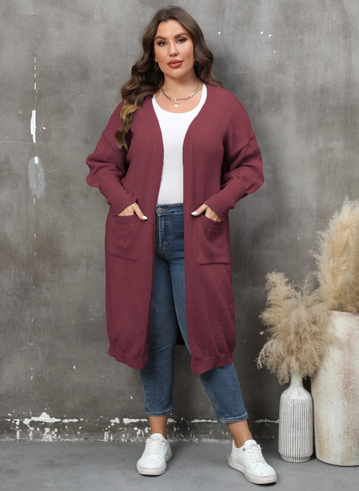 Color-Burgundy-Women Coat plus Size Women Clothes Loose Mid Length Woven Sweater Double Pocket Lantern Sleeve Sweater Cardigan-Fancey Boutique