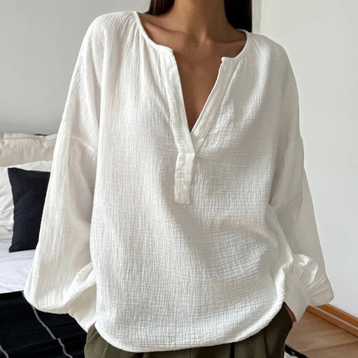 French Bubble Crepe Lantern Sleeve Loose Casual Shirt Autumn Arrival Top Women-White-Fancey Boutique