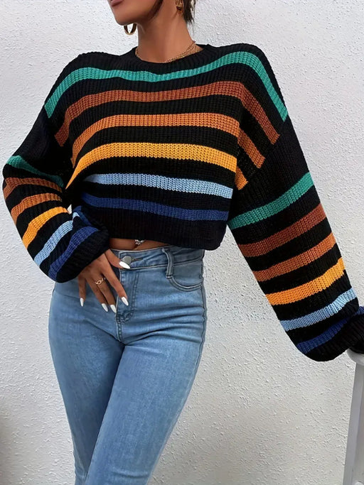 Autumn Winter Women Sweater Pullover round Neck Classic Striped Sweater Loose Casual Top Women-Black-Fancey Boutique