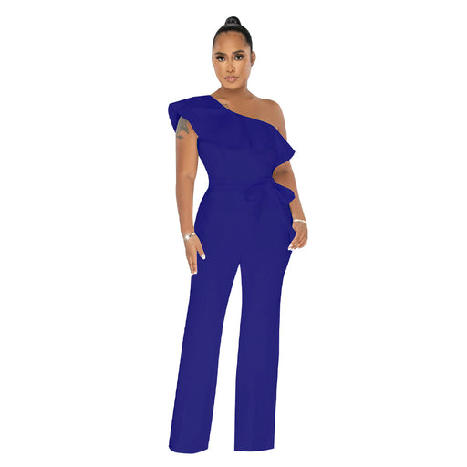 Color-Dream Blue-Women Clothing Solid Color Ruffles Jumpsuit Containing Belt-Fancey Boutique