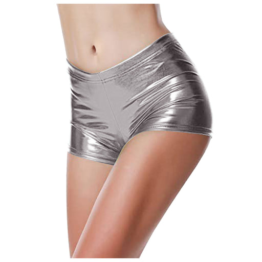 Color-Gray-Metallic Coated Fabric Shorts Women Activity Stage Wear Elastic Waist Color Bronzing Patent Leather Sexy Pants-Fancey Boutique