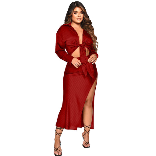 Color-Burgundy-Women Clothing Autumn Sunken Stripe Long Sleeve Split Skirt Set-Fancey Boutique