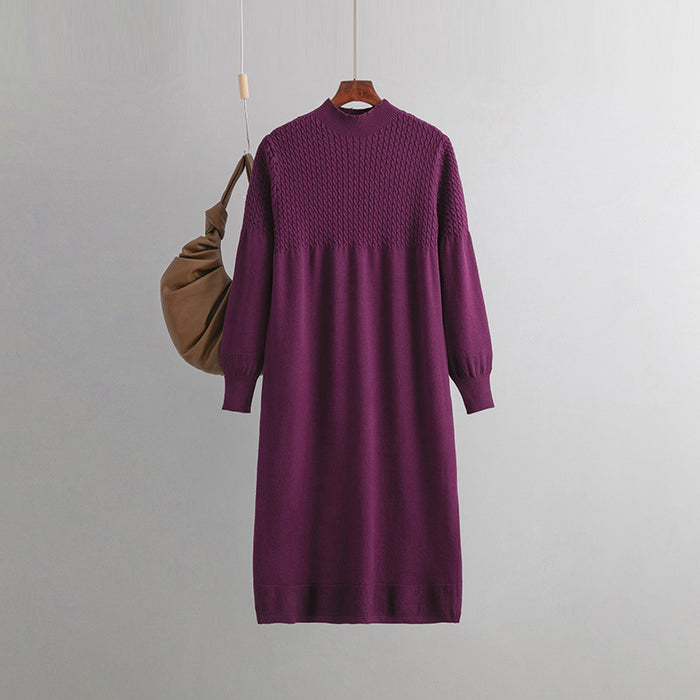 Color-Jujube Red-Loose Mid Length Bottoming Knitted Dress Women Autumn Winter V neck Long Sleeve Woolen-Fancey Boutique