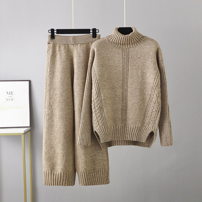 Color-Khaki-Turtleneck Pullover Thickened Knitting Sweater Casual Set Women Autumn Winter Loose Idle Wide Leg Pants Two Piece Set-Fancey Boutique