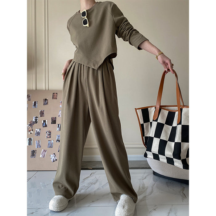 Color-Green-Casual Breathable Short Sweater Wide Leg Pants Suit High End Women Clothing Two Piece Suit Small-Fancey Boutique