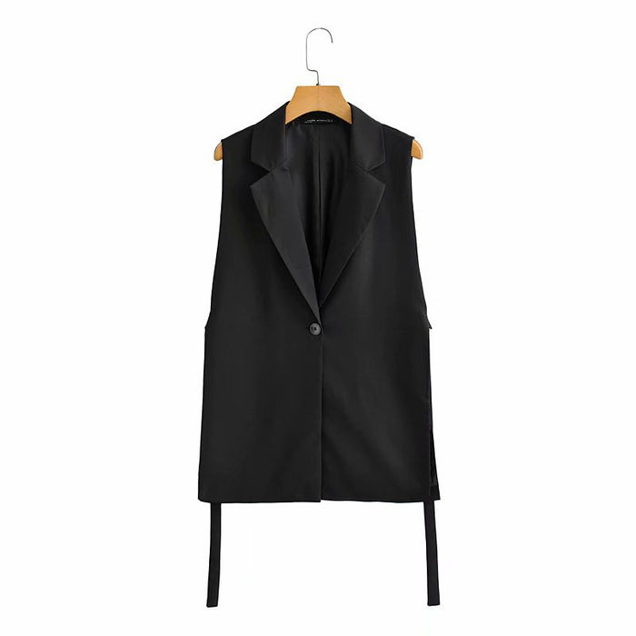 Color-Black-Autumn Solid Color Tied Decorative Split Single Button Vest Blazer Vest-Fancey Boutique