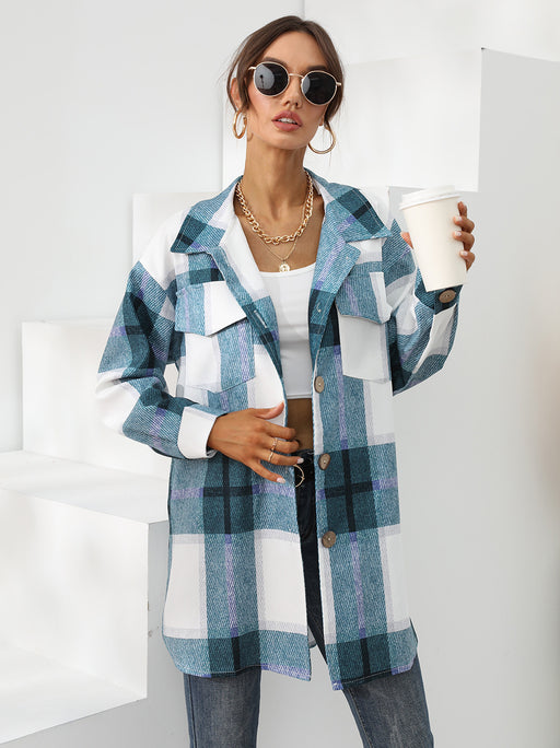 Color-Blue-Autumn Winter Women Clothing Plaid Long Collared Long Sleeve Coat-Fancey Boutique