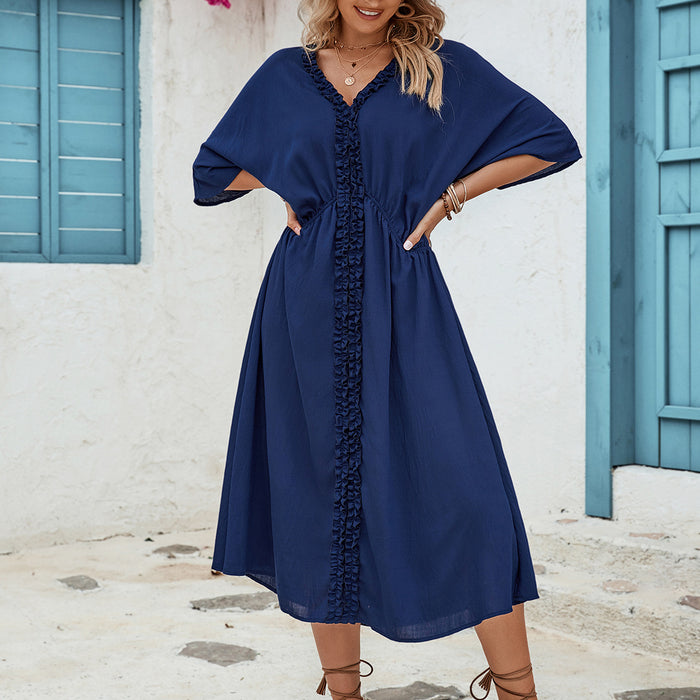 Color-Blue-V neck Solid Color Maxi Dress Waist Slimming Elegant Dress for Women-Fancey Boutique