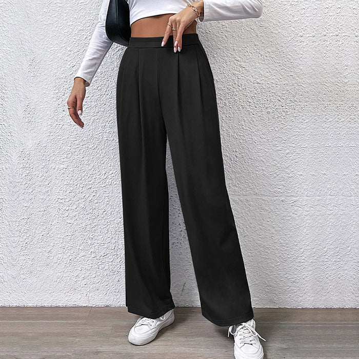 Fall Women Clothing Solid Color Rib Fabric Casual Wide Leg Pants-Black-Fancey Boutique