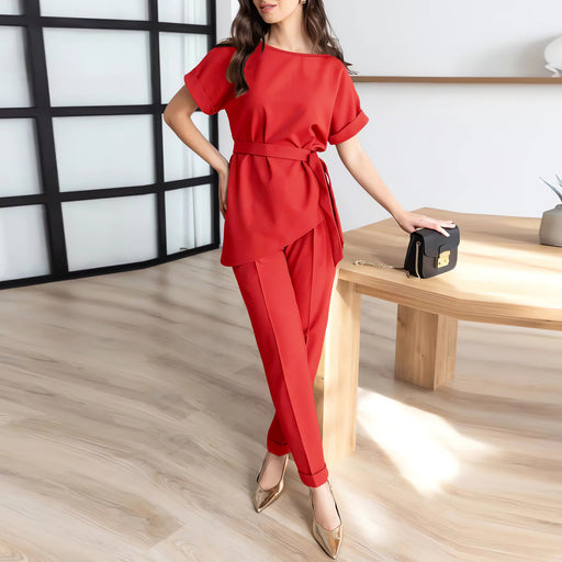 Color-Red-Women Clothing round Neck Beveled Belt Top Skinny Pants Casual Long Pants Set-Fancey Boutique