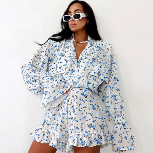 Artificial Silk Loose Suitable for Daily Wear Ladies Homewear Ruffled Long Sleeve Shorts Ice Silk Pajamas-Fancey Boutique