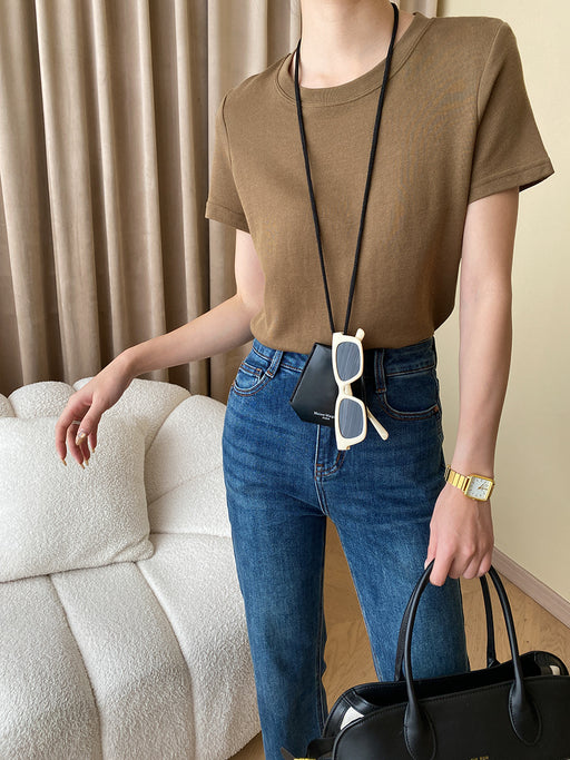 Cozy Series Simple Basic Slimming Shoulder T Shirt Short Sleeve Early Spring-Brown-Fancey Boutique