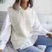 Color-White-Autumn Winter round Neck Hollow Out Cutout Leaves Casual Knitted Vest Sweater Women Clothing-Fancey Boutique