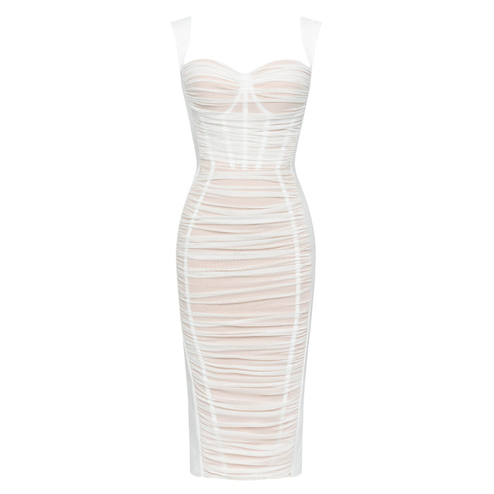 Color-White-Dress Summer Bandage Dress Simple Camisole Stitched Backless Mesh Slim Fit Women Dress-Fancey Boutique