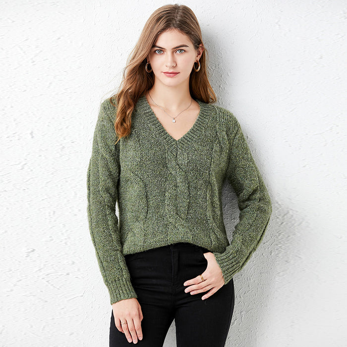 Color-Green-Solid Color Thick Sweater Women Bottoming Shirt Autumn Winter Loose Outer Wear Idle Twist Knitted Pullover Top-Fancey Boutique