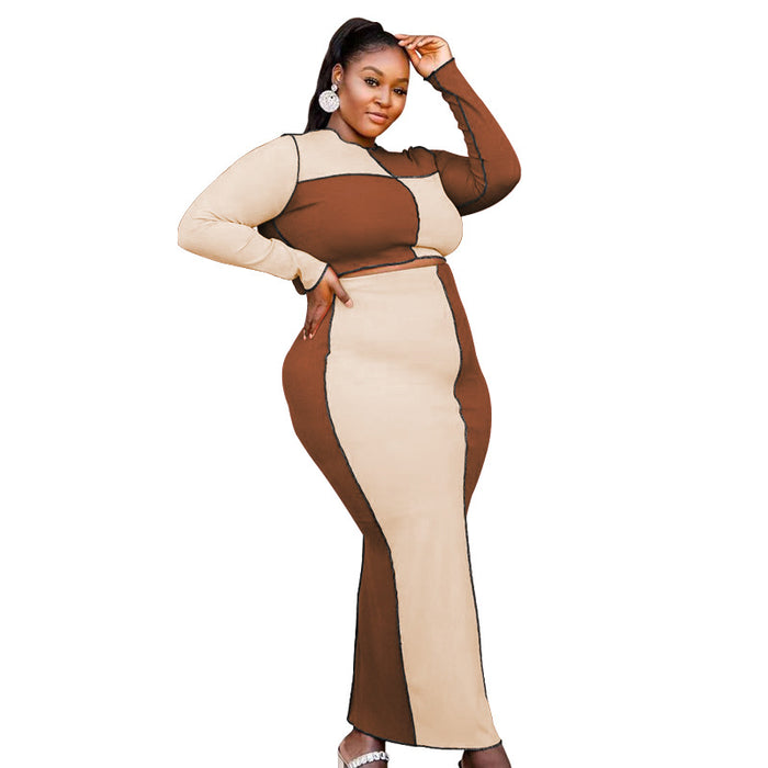 Color-Brown-Plus Size Clothing Spring Color Matching Sexy Casual Set-Fancey Boutique