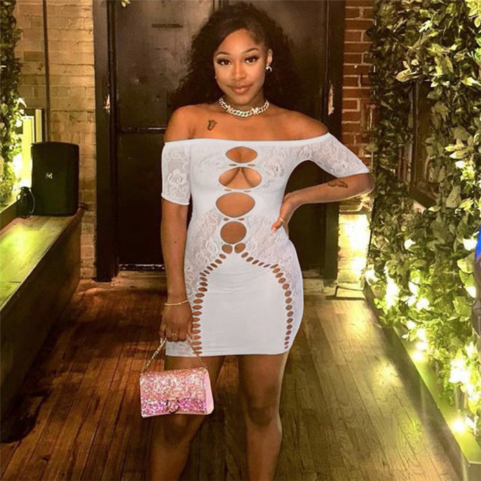 Summer Women Clothing Sexy Cutout off Neck Knitted High Waist Tight Sheath Dress-White-Fancey Boutique