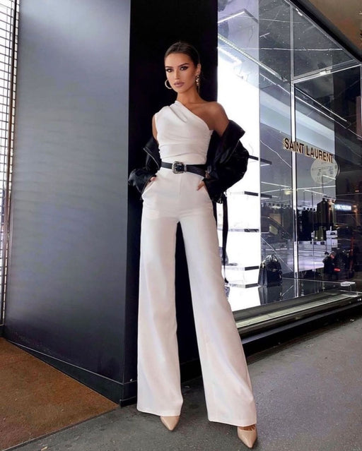 Color-White-Lace Up Straight Jumpsuit No Belt-Fancey Boutique